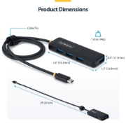Picture of StarTech.com 4-Port USB-C Hub, 5Gbps, Bus Powered, USB-C to 4x USB-A Mini Hub, Extra Long 2ft/61cm Host Cable, PCR Plastic, Portable Desktop / Laptop USB Hub