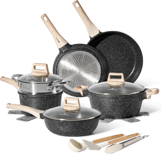 Picture of Just Perfecto JL-30: 14 Pieces Granite Cookware Set with Steamer - Black
