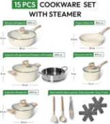 Picture of Just Perfecto JL-779: 15 Pieces Granite Cookware Set with Steamer - Biege