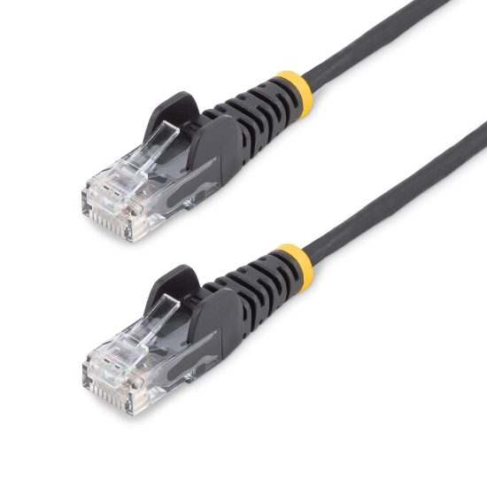 Picture of StarTech.com 25cm Black Slim CAT6 Ethernet Cable, Snagless, 100W PoE, UTP, LSZH, 28AWG Pure Bare Copper Wire, Slim RJ45 Network Patch Cord w/Strain Reliefs, Fluke Tested