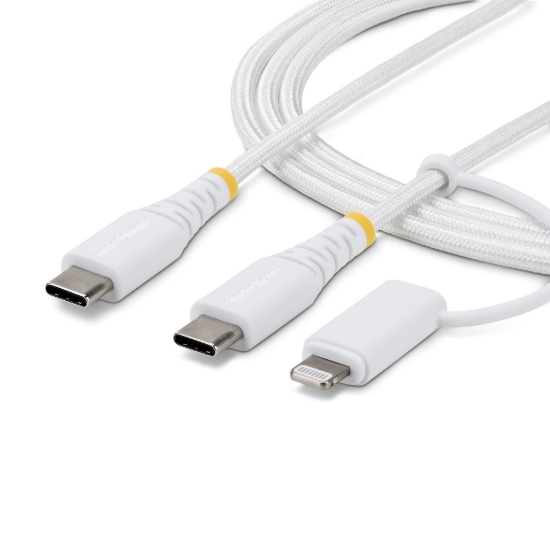 Picture of StarTech.com 1m (3ft) 2-in-1 Rugged USB-C Charging Cable with Lightning Adapter, 30W/60W (3A), Apple MFi Certified, Braided USB C Charger Cord for iPhone/iPad/Android