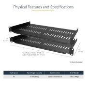 Image de StarTech.com Lot de 2 Étagères pour Rack Serveurs 1U, Plateaux en Porte-à-Faux Ventilés pour Montage en Rack, Adaptés aux Racks ou Armoires Réseau 19 pouces, Très Résistants, Profondeur de 25cm, Capacité de Charge Maximale de 20kg Chacun