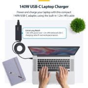 Picture of StarTech.com 140W USB-C Laptop Charger with 4ft (1.2m) Tethered USB-C Cable, GaN Power Adapter Brick for MacBook M3/M4/M5 Pro/Max, Dell Pro/Plus/Premium