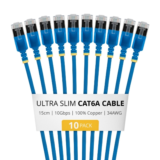 Picture of StarTech.com 15cm Blue Ultra Slim Cat6A Ethernet Cable, 10 pack, Snagless, FTP, Pure Bare Copper Wire, 34AWG Ultra Slim RJ45 Network Patch Cord, Individually Tested