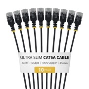 Picture of StarTech.com 15cm Black Ultra Slim Cat6A Ethernet Cable, 10 pack, UTP, Pure Bare Copper Wire, 34AWG Ultra Slim RJ45 Network Patch Cord, Individually Tested