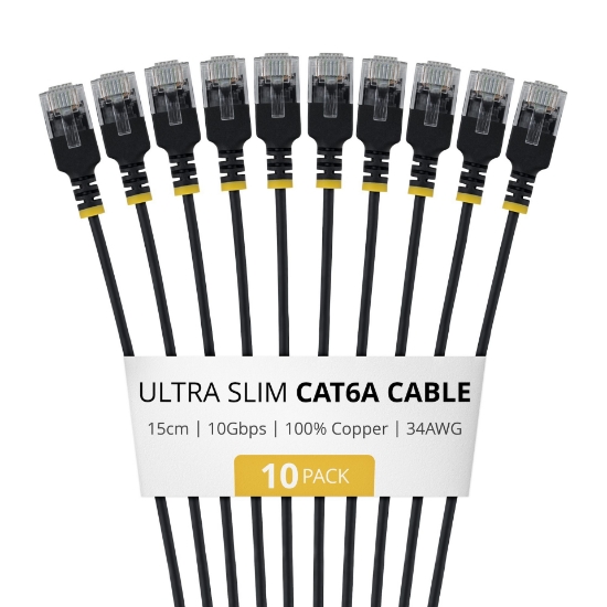 Picture of StarTech.com 15cm Black Ultra Slim Cat6A Ethernet Cable, 10 pack, UTP, Pure Bare Copper Wire, 34AWG Ultra Slim RJ45 Network Patch Cord, Individually Tested