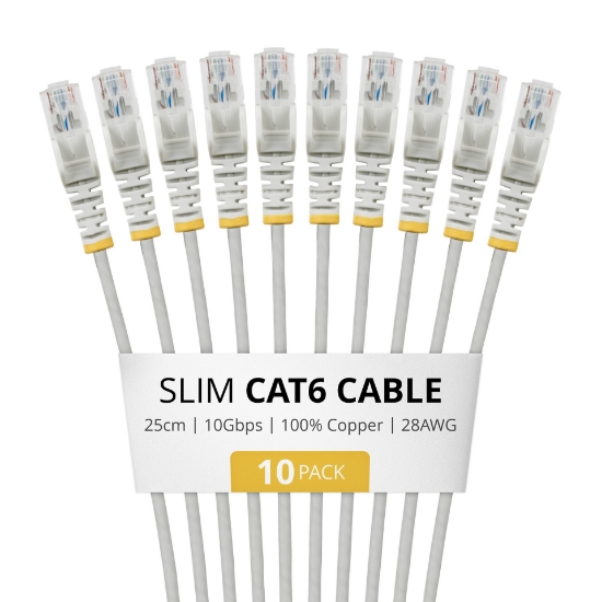 Picture of StarTech.com 25cm Gray Slim CAT6 Cable, 10 Pack, Snagless, 100W PoE, UTP, LSZH, 28AWG Pure Bare Copper Wire, Slim RJ45 Network Patch Cord w/Strain Reliefs, Individually Tested