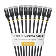 Picture of StarTech.com 15cm Black Ultra Slim Cat6A Ethernet Cable, 10 Pack, Snagless, FTP, Pure Bare Copper Wire, 34AWG Ultra Slim RJ45 Network Patch Cord, Individually Tested