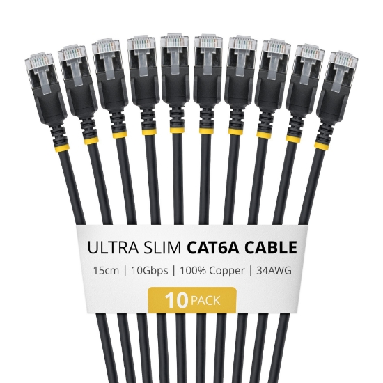 Picture of StarTech.com 15cm Black Ultra Slim Cat6A Ethernet Cable, 10 Pack, Snagless, FTP, Pure Bare Copper Wire, 34AWG Ultra Slim RJ45 Network Patch Cord, Individually Tested