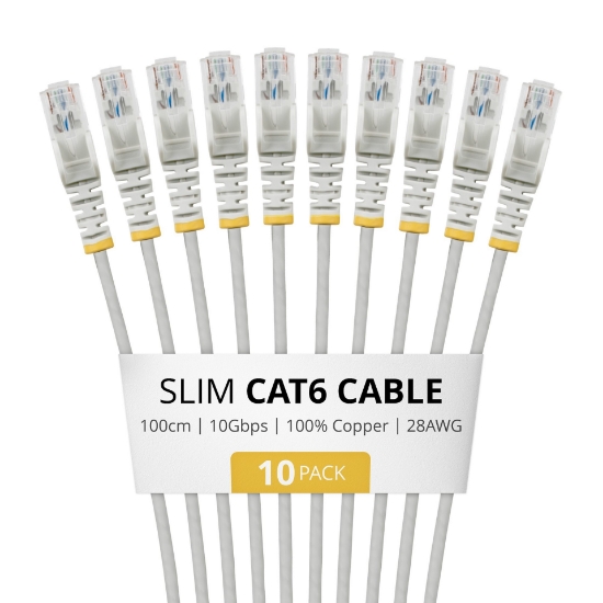 Picture of StarTech.com 1m Gray Slim CAT6 Cable, 10 Pack, Snagless, 100W PoE, UTP, LSZH, 28AWG Pure Bare Copper Wire, Slim RJ45 Network Patch Cord w/Strain Reliefs, Individually Tested